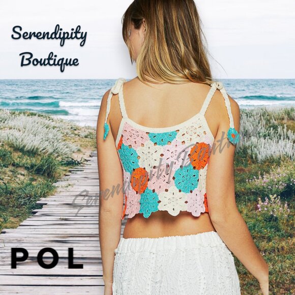 POL Granny Crochet Patch Tie Shoulder Pastels & Pearls Soft Floral Crop Top - Picture 2 of 8